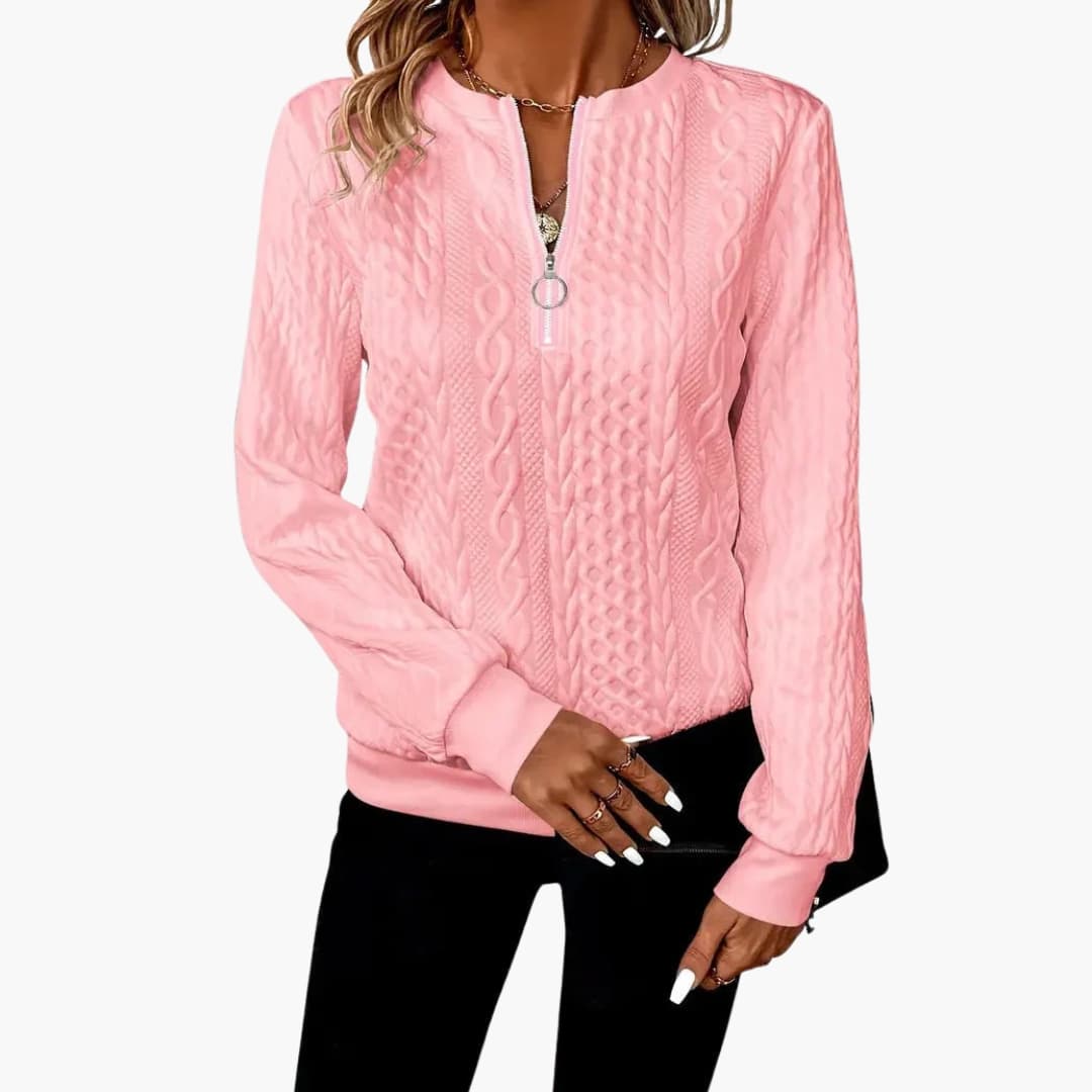 Women's Zip Sweater with Cable Knit V-Neck, Long Sleeve | Knitwear
