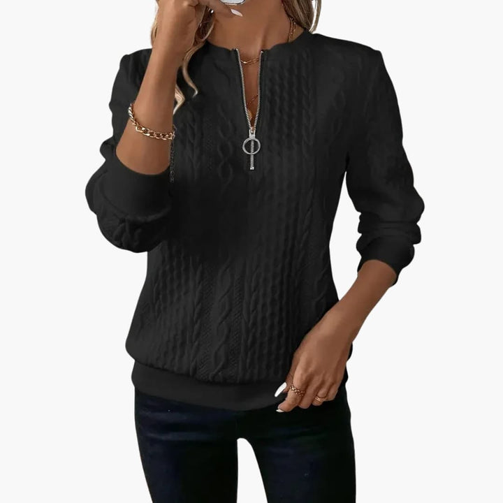 Women's Zip Sweater with Cable Knit V-Neck, Long Sleeve | Knitwear