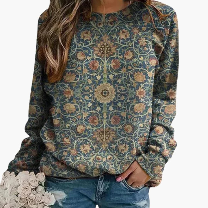 Women's Knit Sweater | Sweater with Floral Pattern | Long Sleeve Top | Vintage-Inspired Style