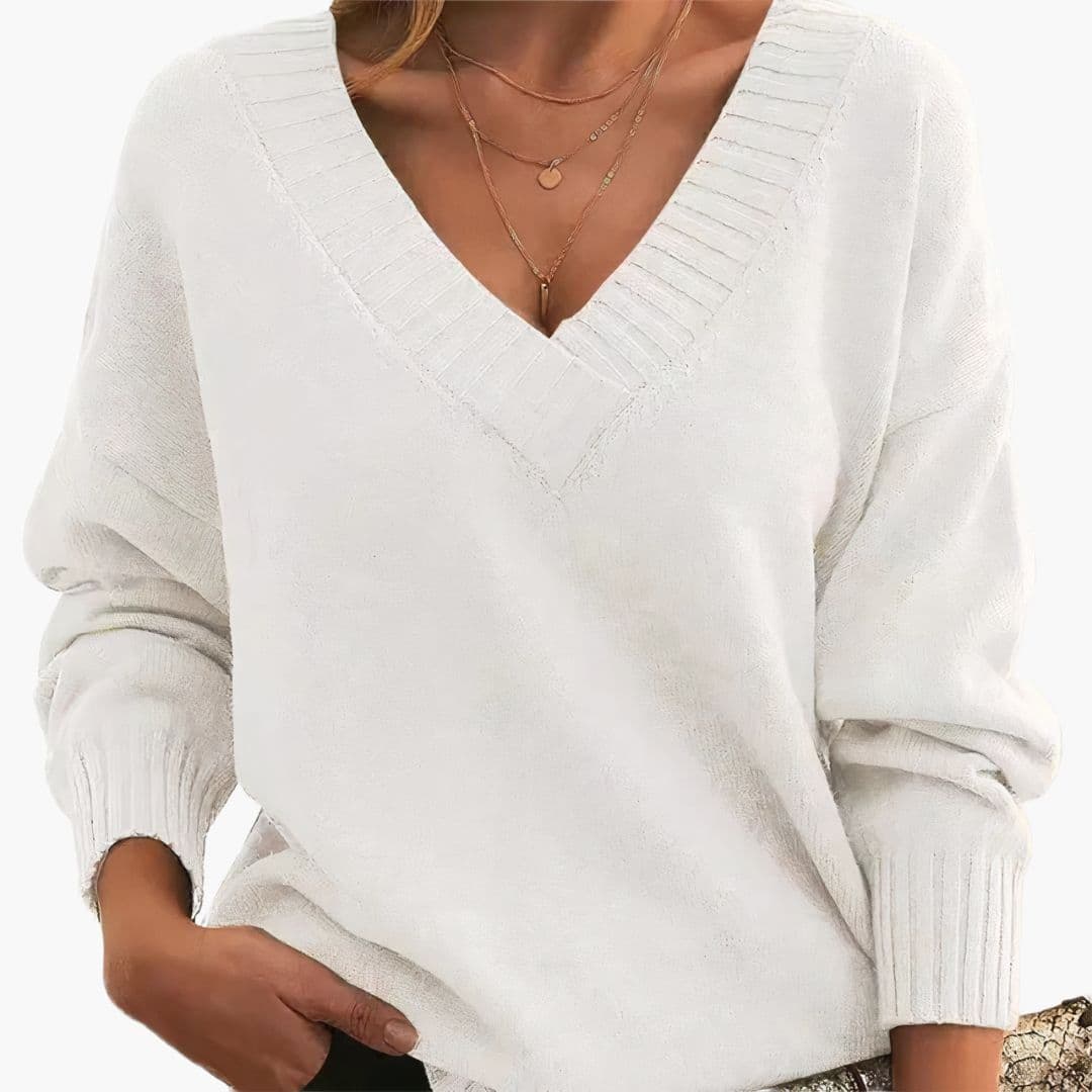 Women's V-Neck Sweater | Relaxed Fit and Ribbed Finishes | Timeless Style