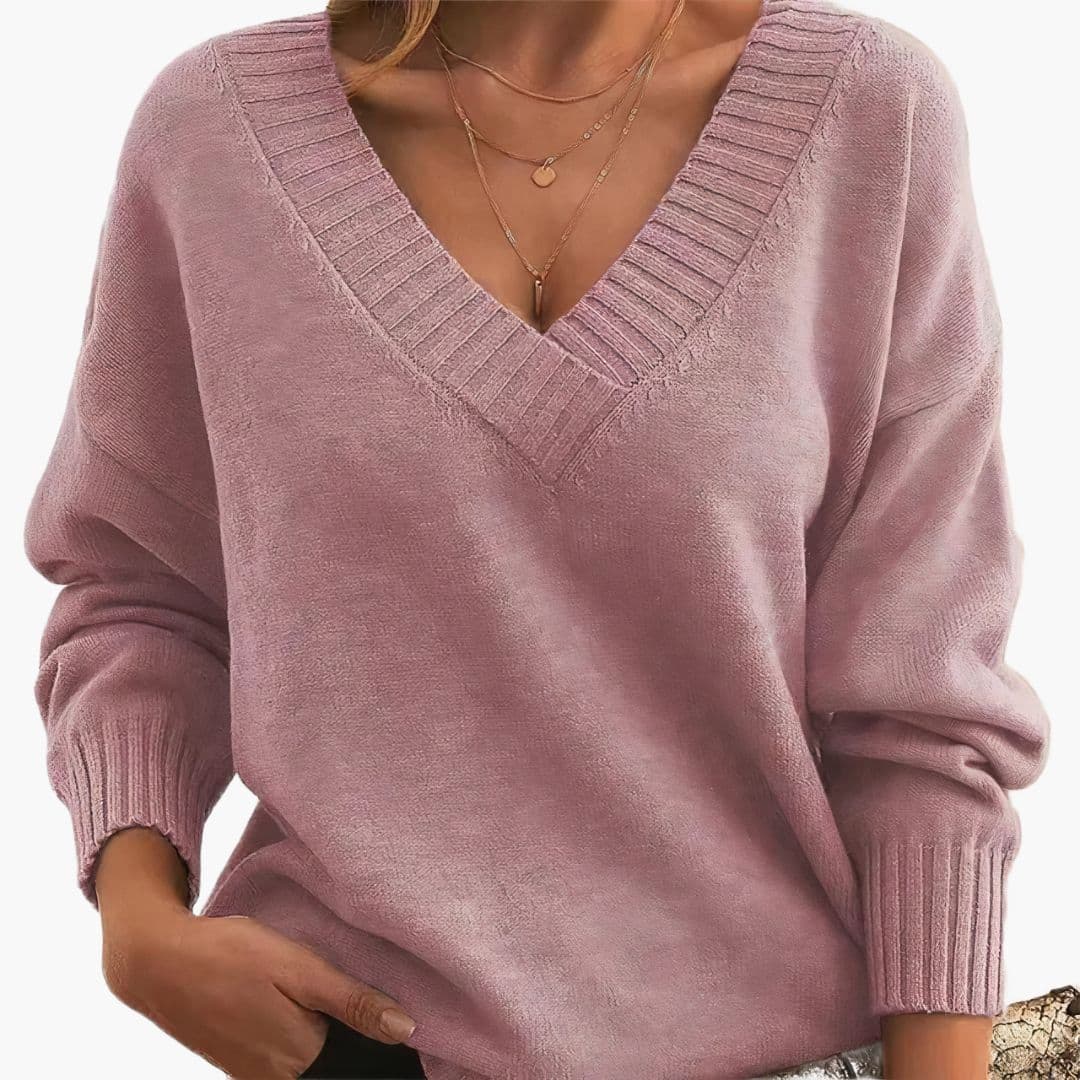 Women's V-Neck Sweater | Relaxed Fit and Ribbed Finishes | Timeless Style