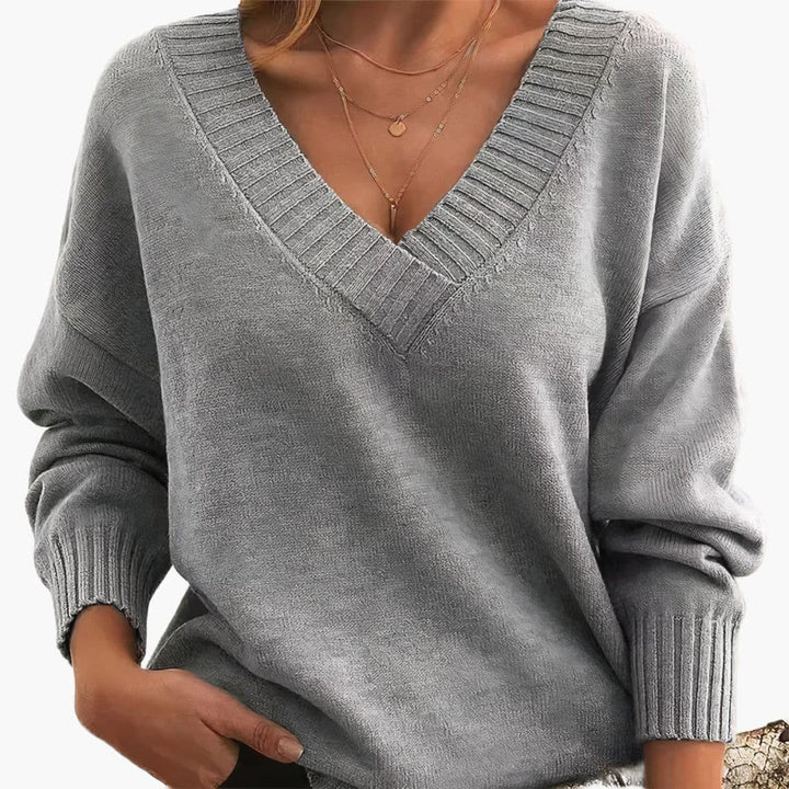 Women's V-Neck Sweater | Relaxed Fit and Ribbed Finishes | Timeless Style