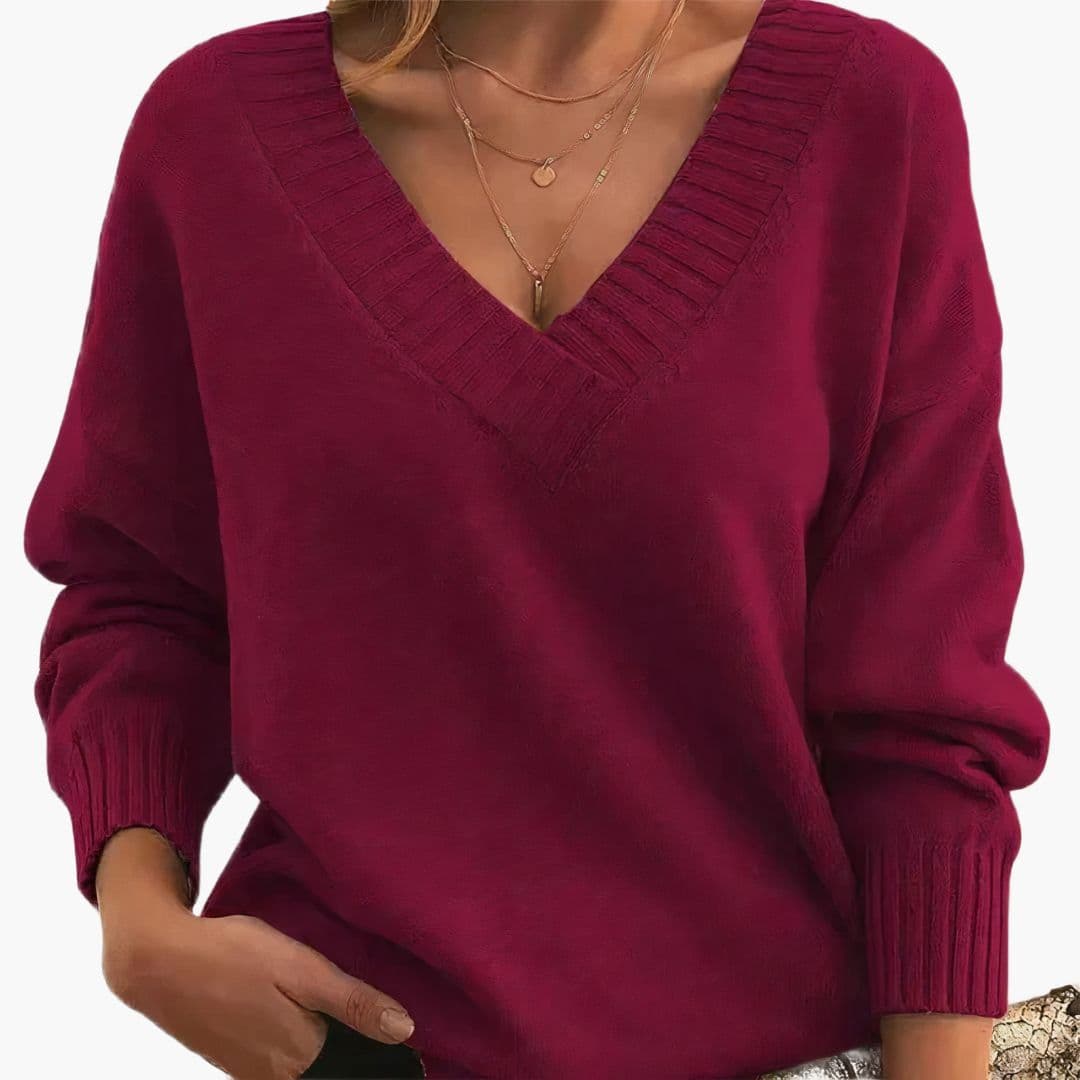 Women's V-Neck Sweater | Relaxed Fit and Ribbed Finishes | Timeless Style