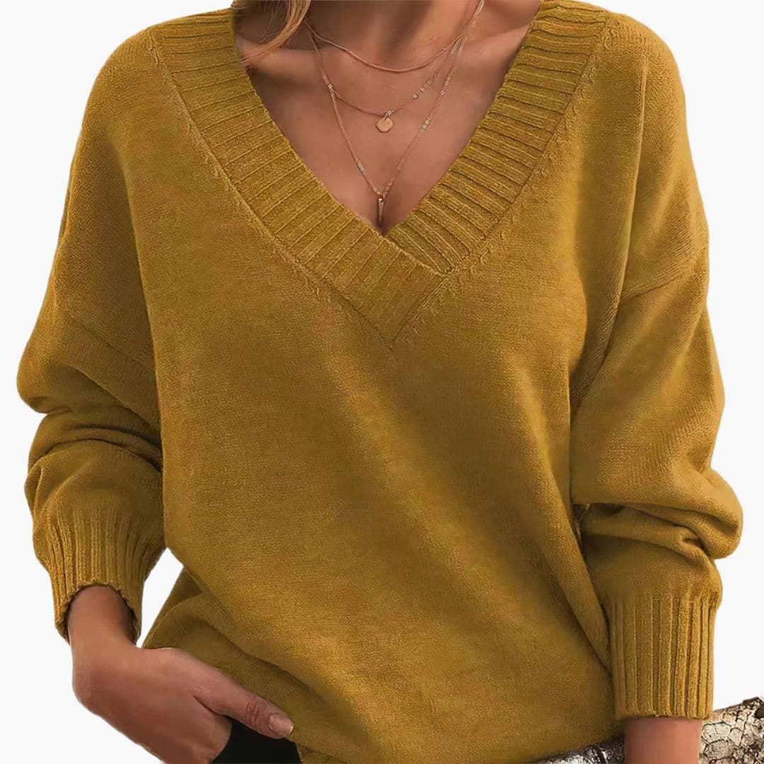 Women's V-Neck Sweater | Relaxed Fit and Ribbed Finishes | Timeless Style