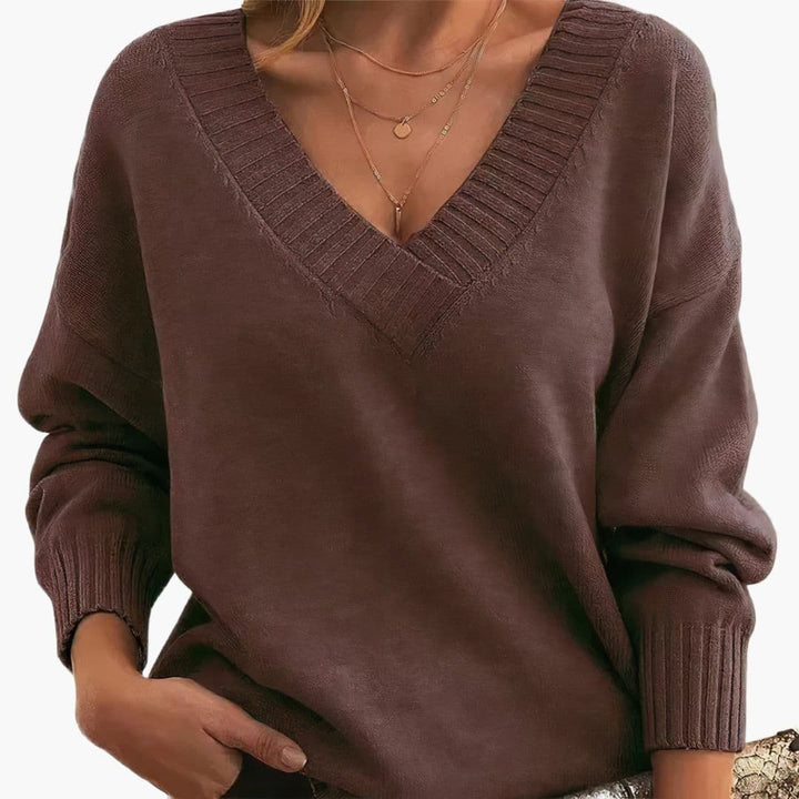 Women's V-Neck Sweater | Relaxed Fit and Ribbed Finishes | Timeless Style