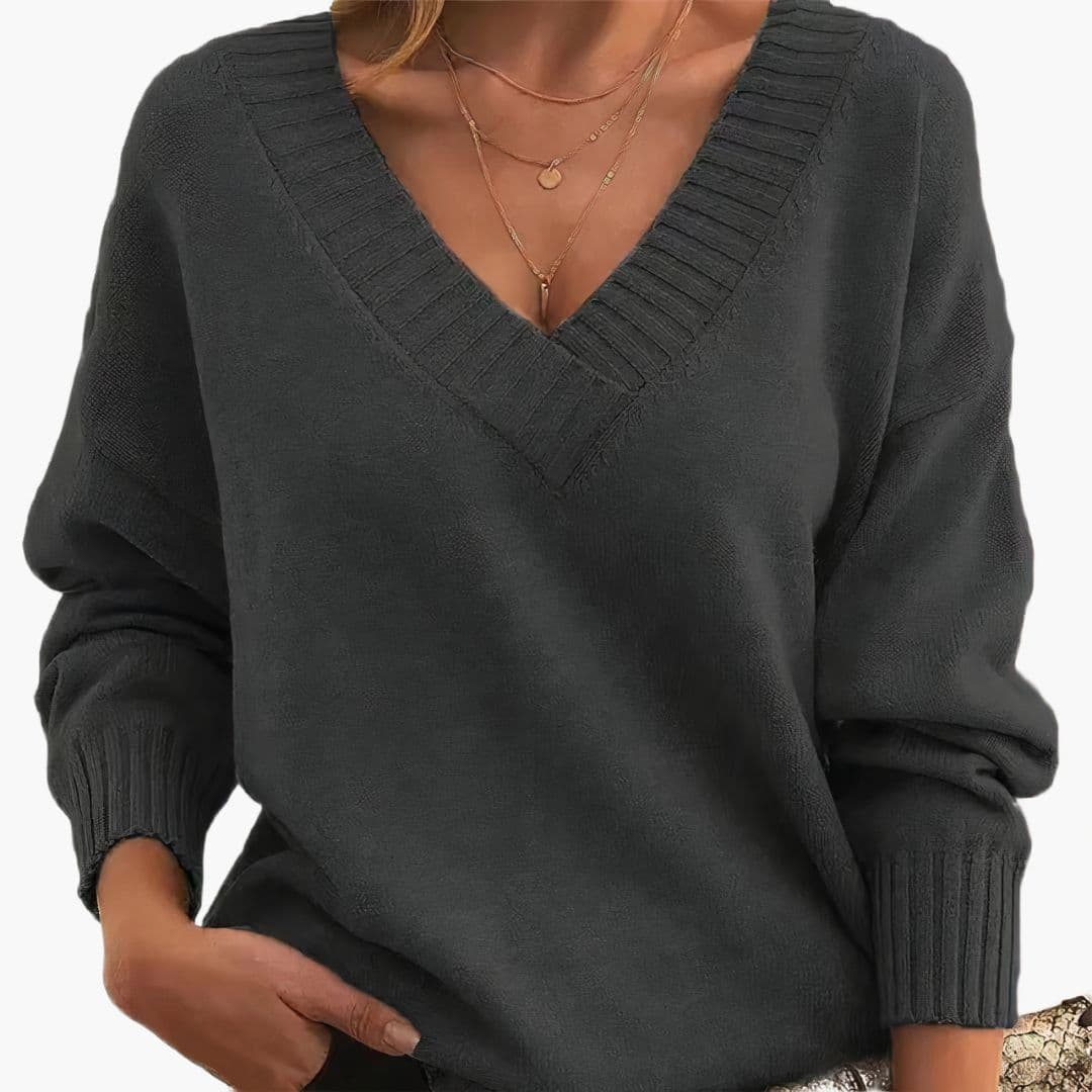 Women's V-Neck Sweater | Relaxed Fit and Ribbed Finishes | Timeless Style