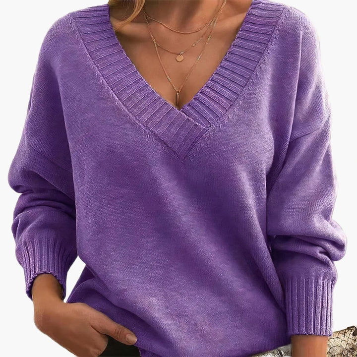 Women's V-Neck Sweater | Relaxed Fit and Ribbed Finishes | Timeless Style