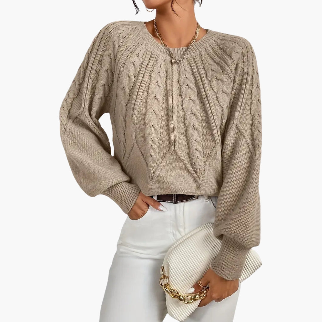 Women's Sweater with Cable Knit, Puffy Sleeves, and Ribbing | Knitwear