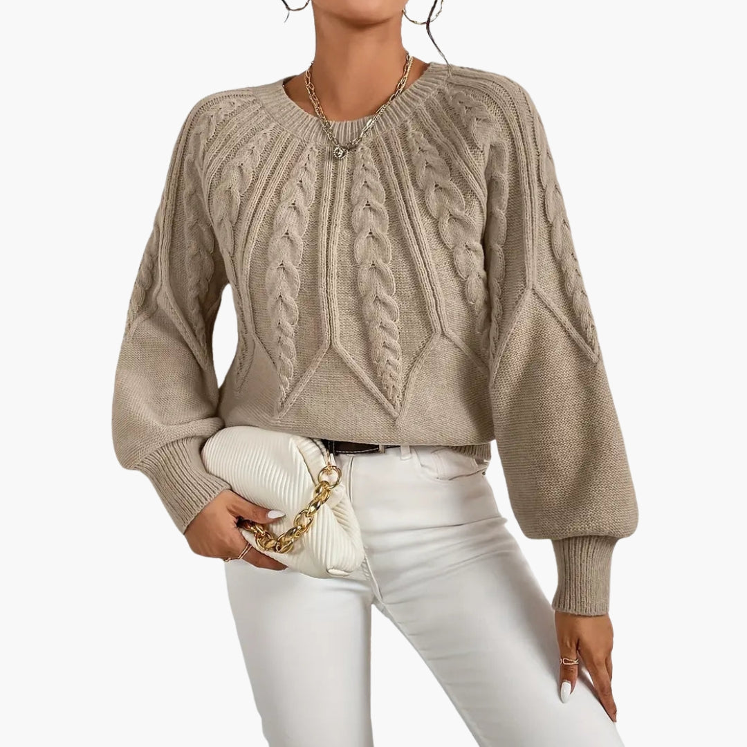 Women's Sweater with Cable Knit, Puffy Sleeves, and Ribbing | Knitwear
