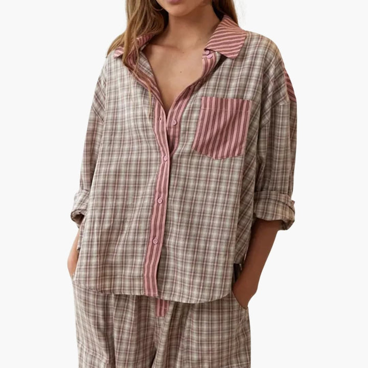 Women's Plaid Pajama Set with Contrast Pocket and Button-Up Shirt | Nightwear