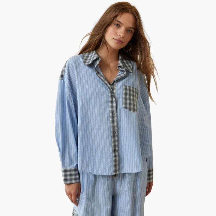 Women's Plaid Pajama Set with Contrast Pocket and Button-Up Shirt | Nightwear