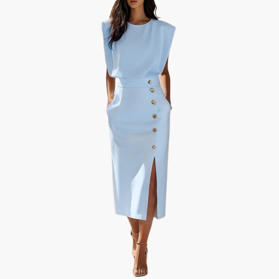Women's Midi Dress Without Sleeves | Decorative Buttons and Fitted Cut | Sophisticated Elegance