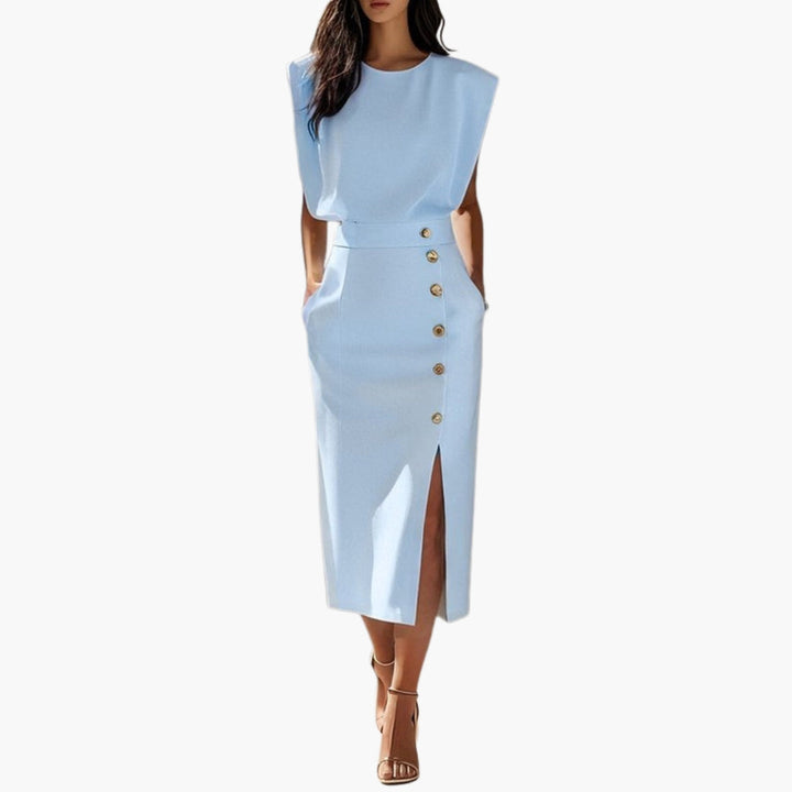 Women's Midi Dress Without Sleeves | Decorative Buttons and Fitted Cut | Sophisticated Elegance