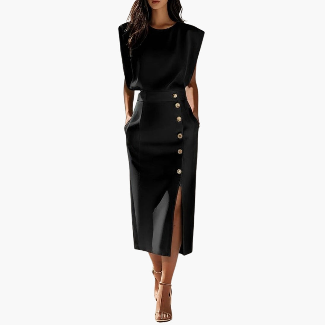 Women's Midi Dress Without Sleeves | Decorative Buttons and Fitted Cut | Sophisticated Elegance