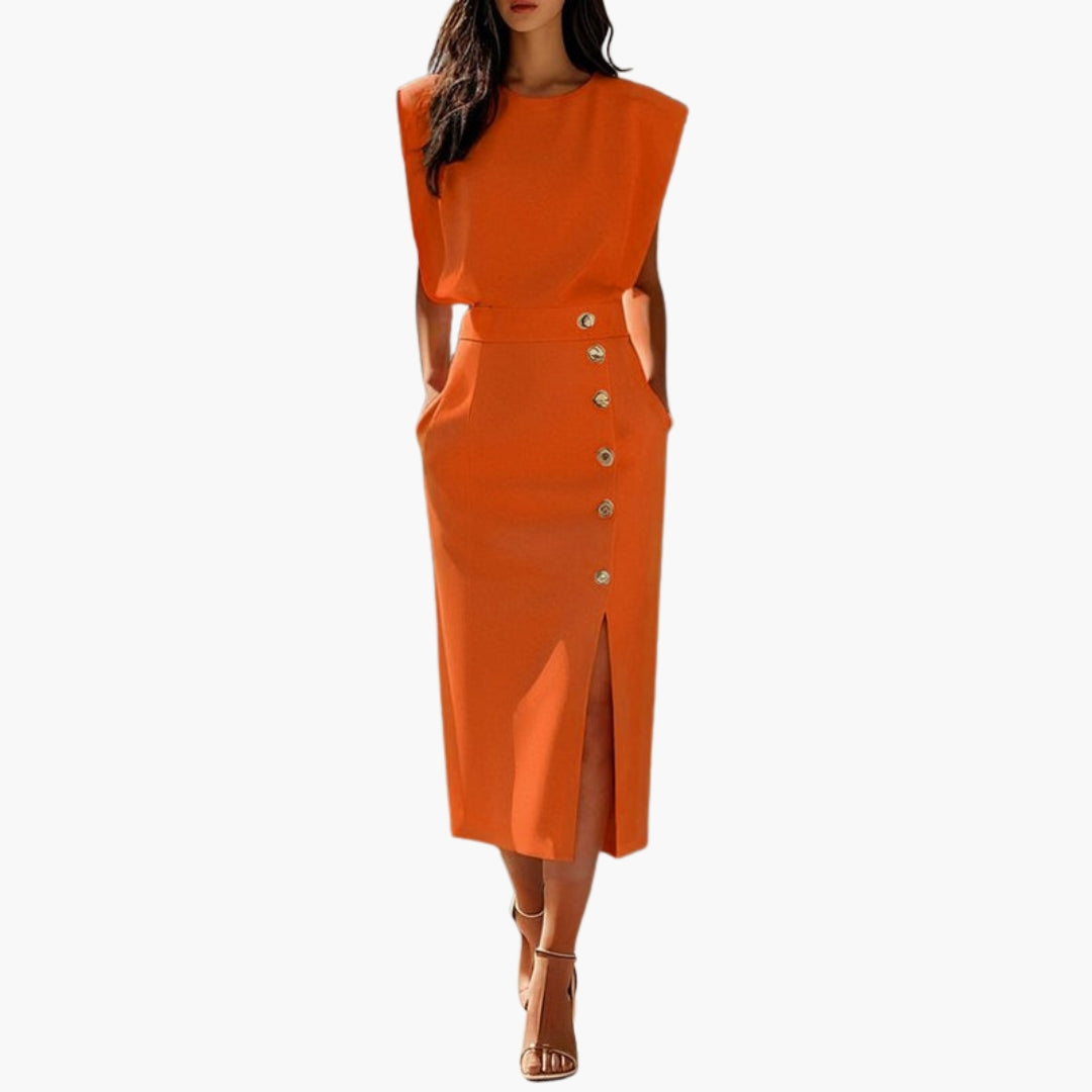 Women's Midi Dress Without Sleeves | Decorative Buttons and Fitted Cut | Sophisticated Elegance
