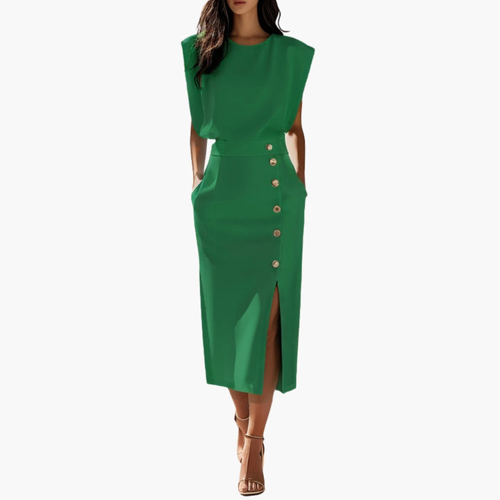 Women's Midi Dress Without Sleeves | Decorative Buttons and Fitted Cut | Sophisticated Elegance