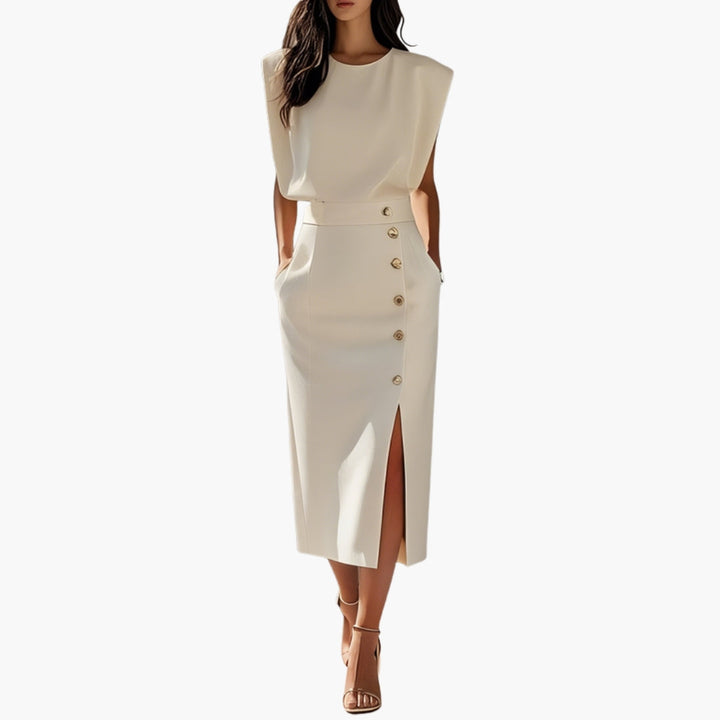 Women's Midi Dress Without Sleeves | Decorative Buttons and Fitted Cut | Sophisticated Elegance