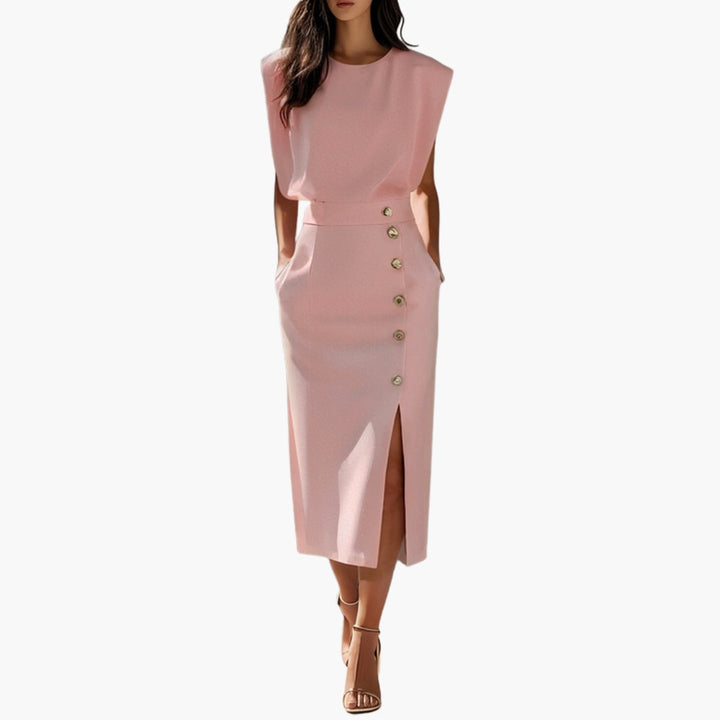 Women's Midi Dress Without Sleeves | Decorative Buttons and Fitted Cut | Sophisticated Elegance