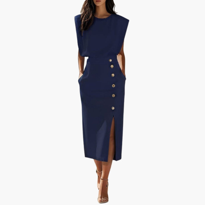 Women's Midi Dress Without Sleeves | Decorative Buttons and Fitted Cut | Sophisticated Elegance