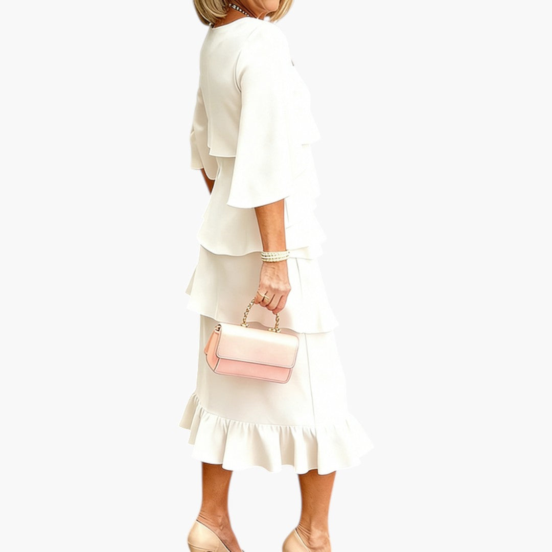 Women's Midi Dress | Layered Ruffles and Slit Sleeves | Timeless Feminine Elegance