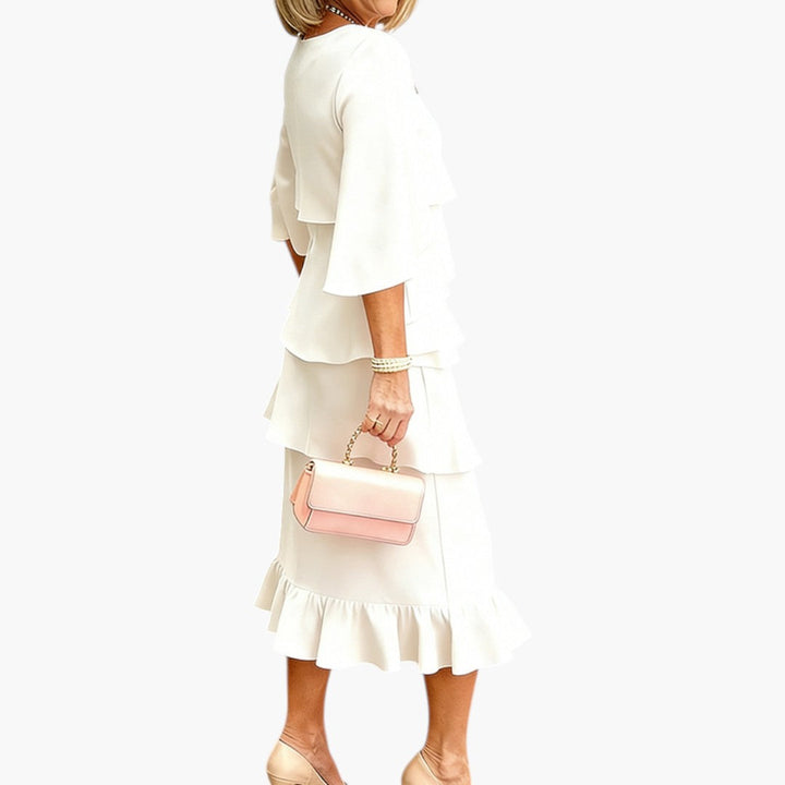 Women's Midi Dress | Layered Ruffles and Slit Sleeves | Timeless Feminine Elegance