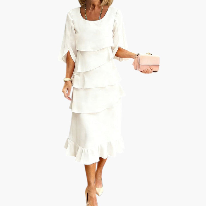 Women's Midi Dress | Layered Ruffles and Slit Sleeves | Timeless Feminine Elegance