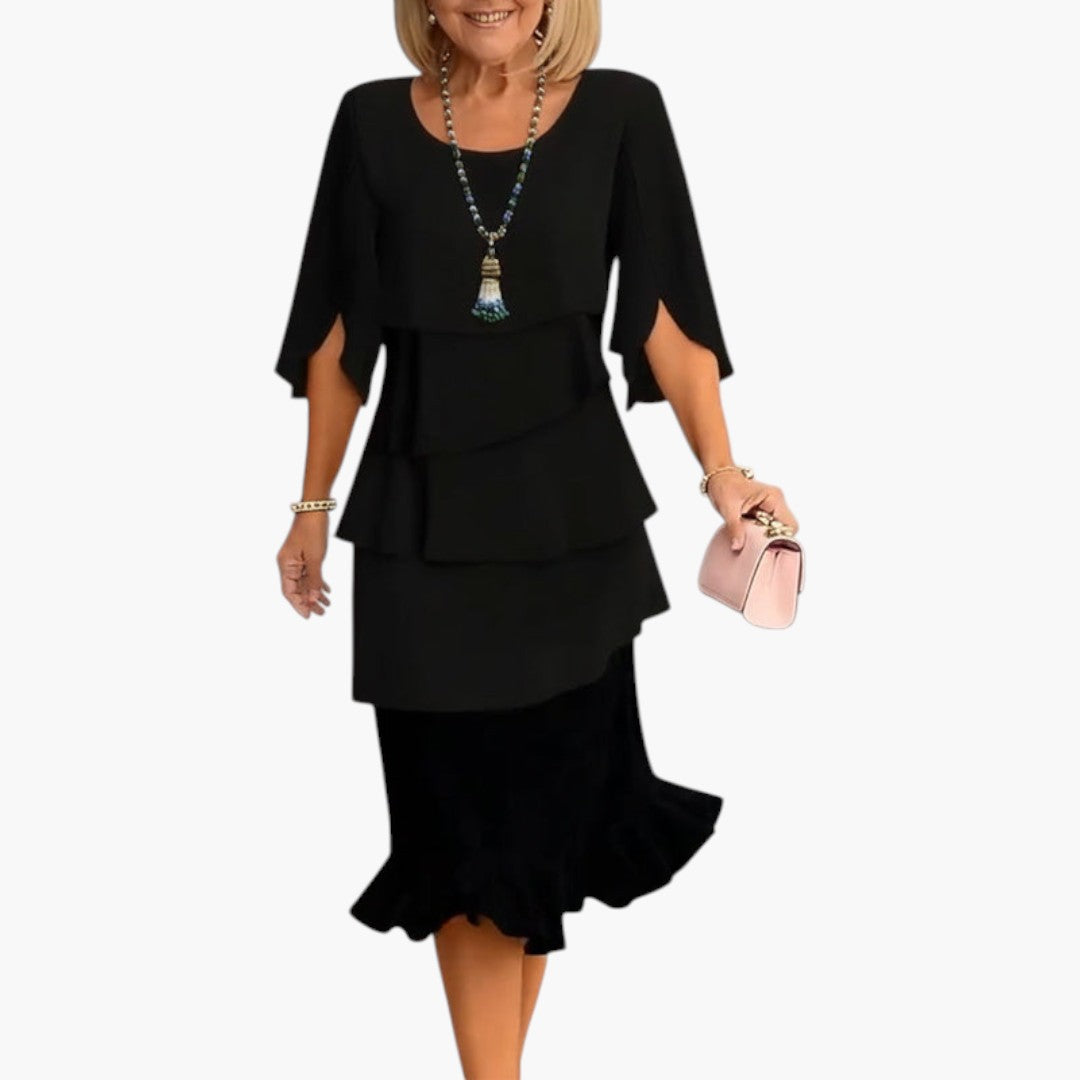 Women's Midi Dress | Layered Ruffles and Slit Sleeves | Timeless Feminine Elegance