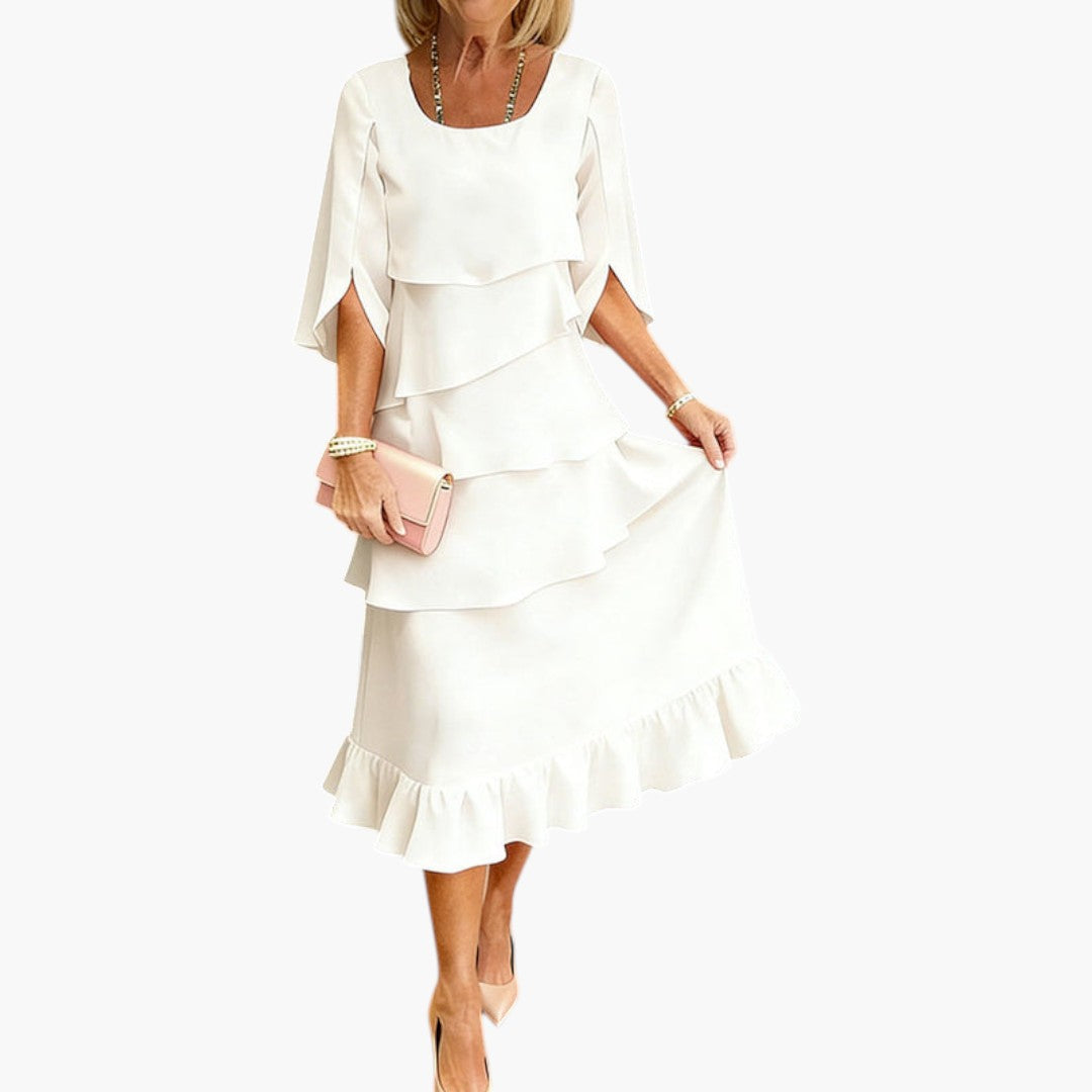 Women's Midi Dress | Layered Ruffles and Slit Sleeves | Timeless Feminine Elegance