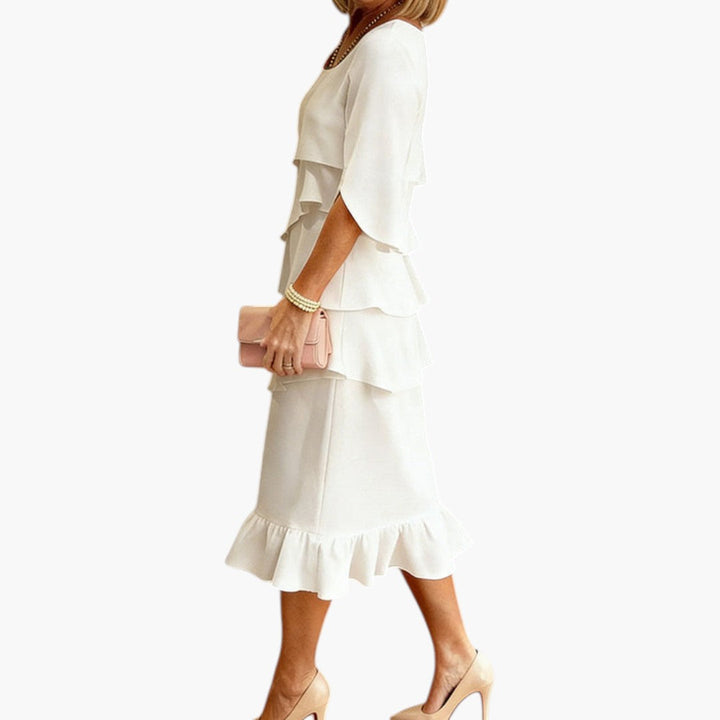 Women's Midi Dress | Layered Ruffles and Slit Sleeves | Timeless Feminine Elegance