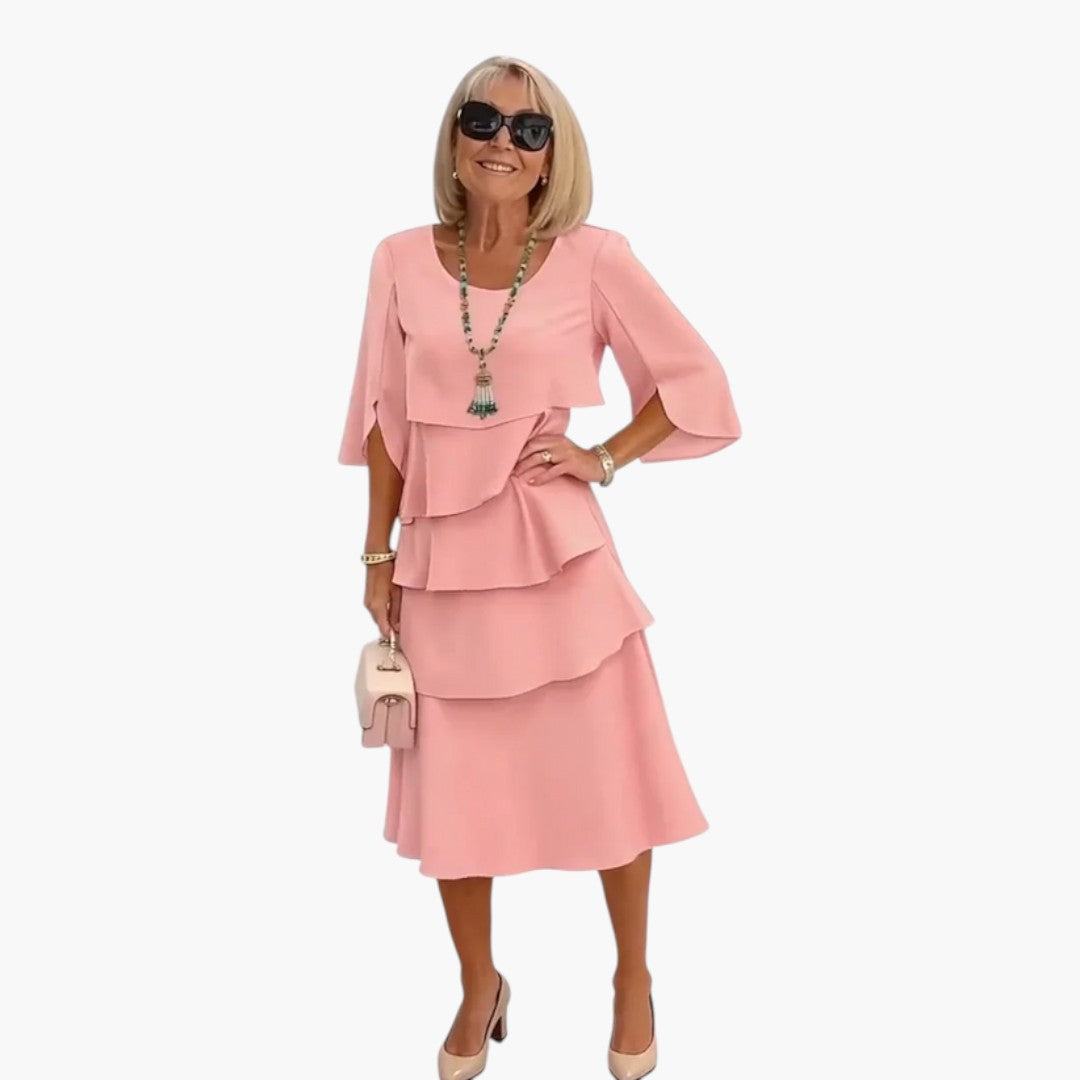 Women's Midi Dress | Layered Ruffles and Slit Sleeves | Timeless Feminine Elegance