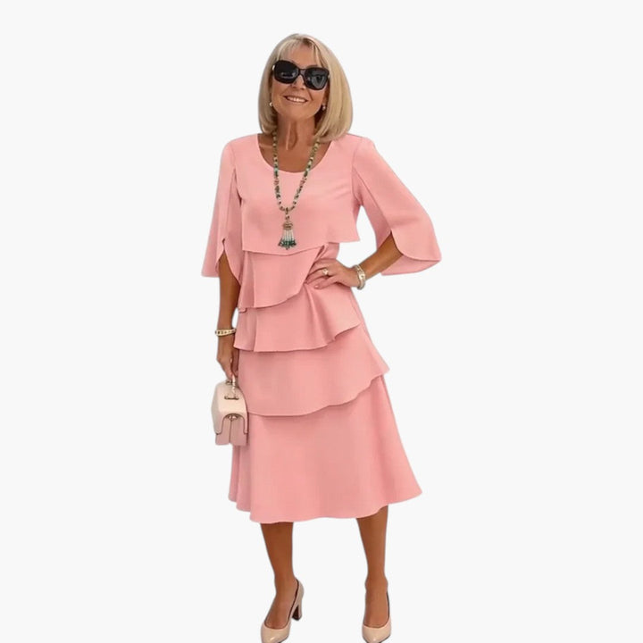 Women's Midi Dress | Layered Ruffles and Slit Sleeves | Timeless Feminine Elegance