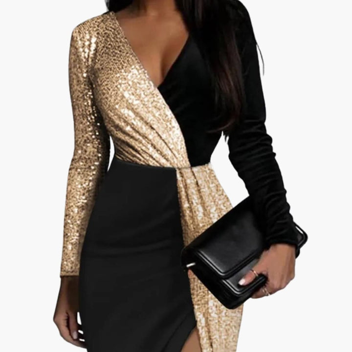 Women's Evening Dress with Sequins | Wrap Style and High Slit | Glamour for Special Occasions