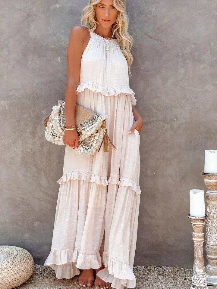 Off-white maxi typu sukienka damska bez rękawów z dekoltem halter idealna na świeżym powietrzu