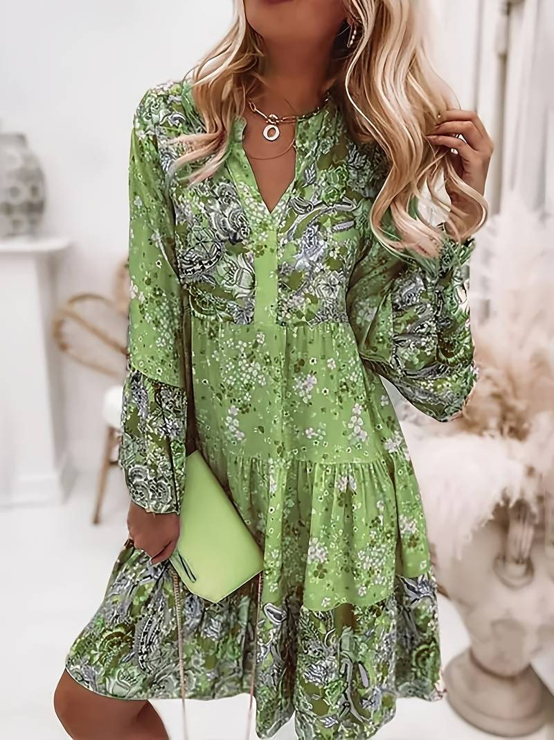 Rozkloszowana sukienka damska w stylu boho z nadrukiem | Mini 0