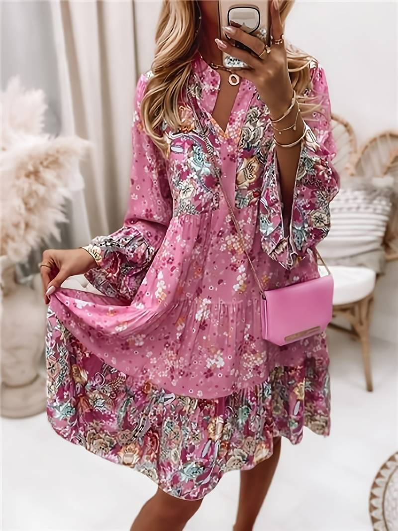 Rozkloszowana sukienka damska w stylu boho z nadrukiem | Mini 1