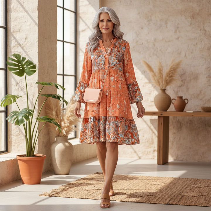 Rozkloszowana sukienka damska w stylu boho z nadrukiem | Mini 2