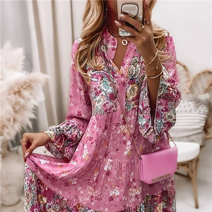 Rozkloszowana sukienka damska w stylu boho z nadrukiem | Mini 3