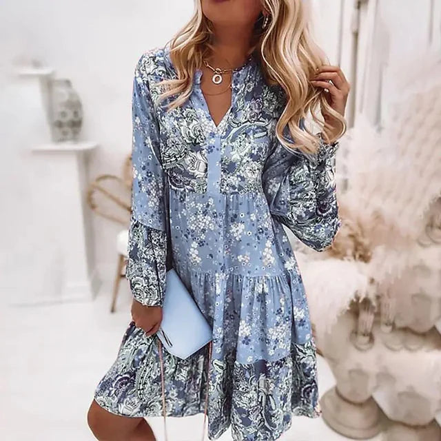 Rozkloszowana sukienka damska w stylu boho z nadrukiem | Mini 5