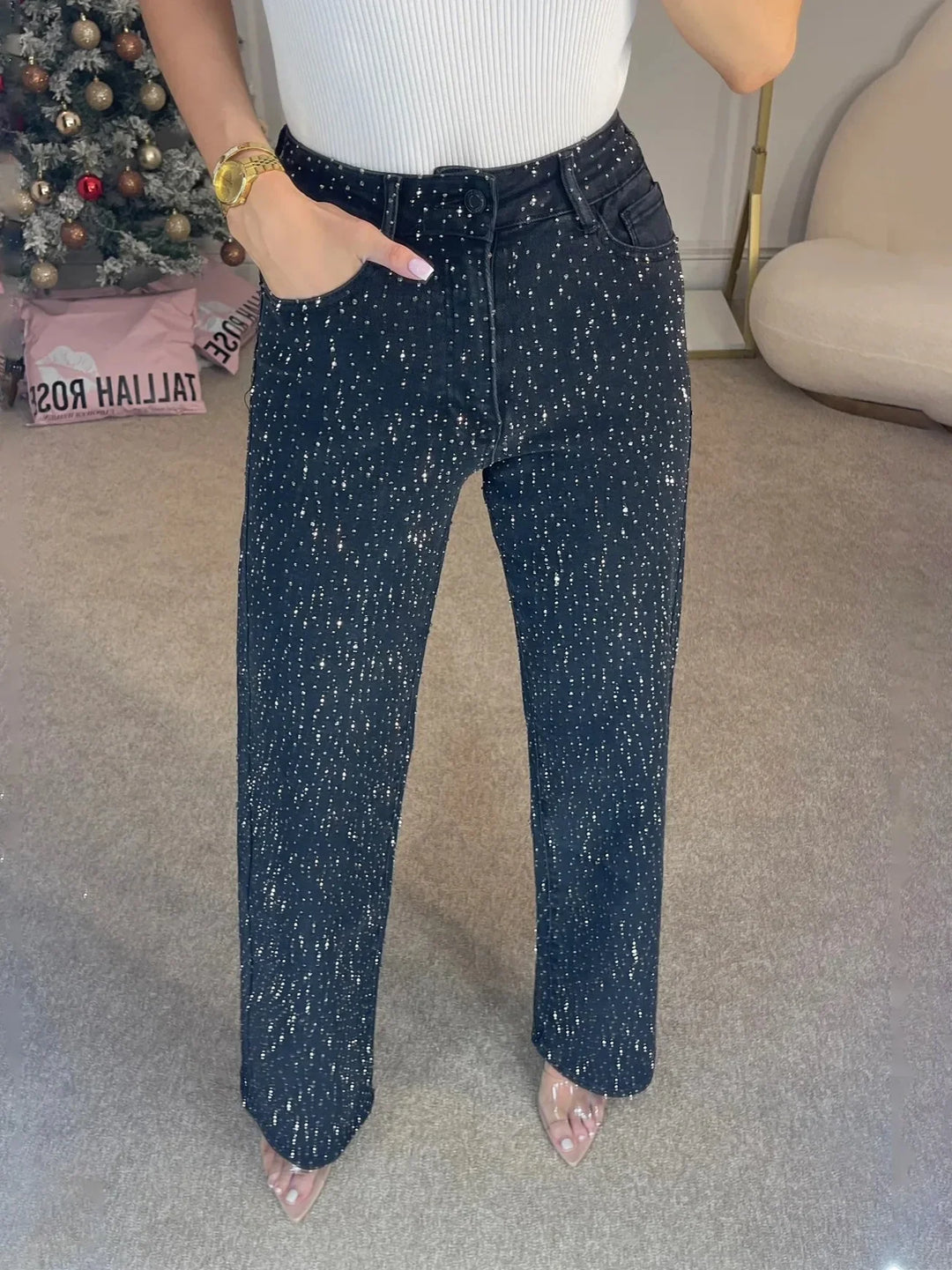 Women's High Waist Wide Leg Rhinestone Pants | Flared Cut