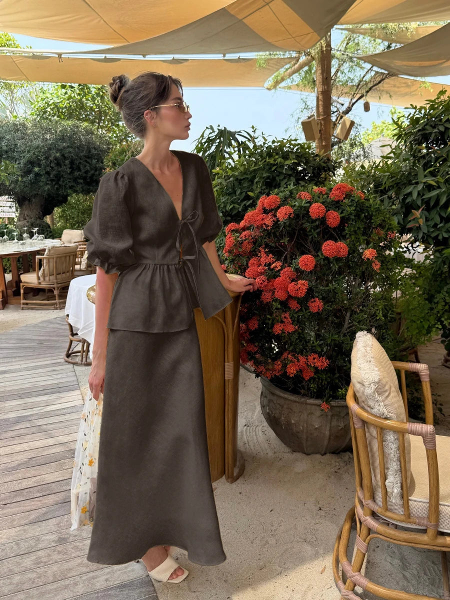 Women's Puffy Sleeve Top Tied at the Front and Maxi Skirt Two-Piece Set | V-Neckline