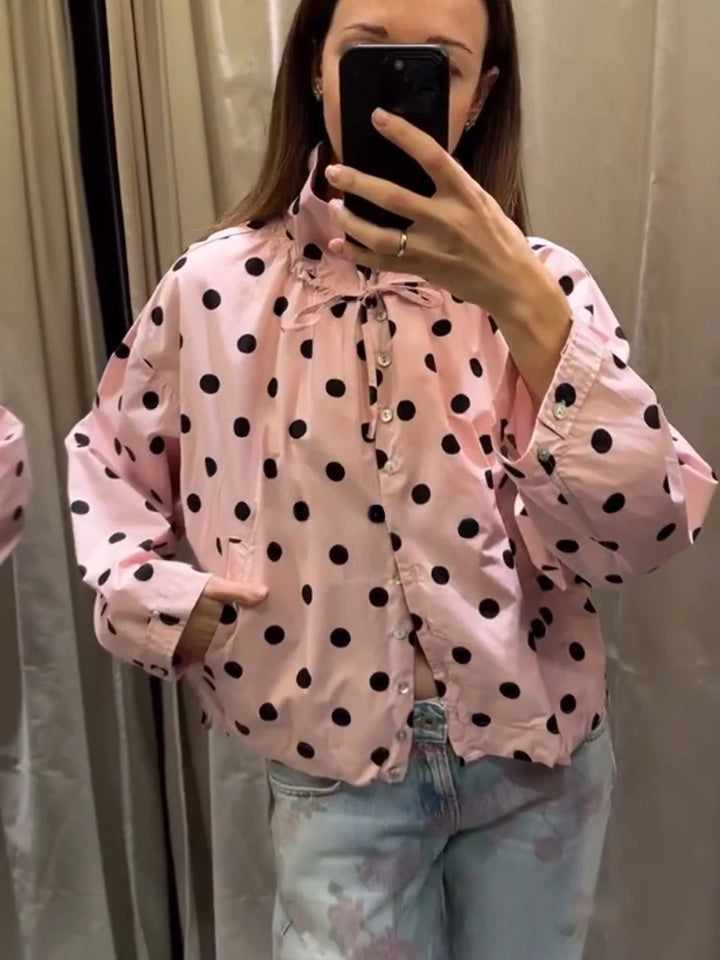 Women's Long Sleeve Jacket with High Collar in Polka Dots | Street Style