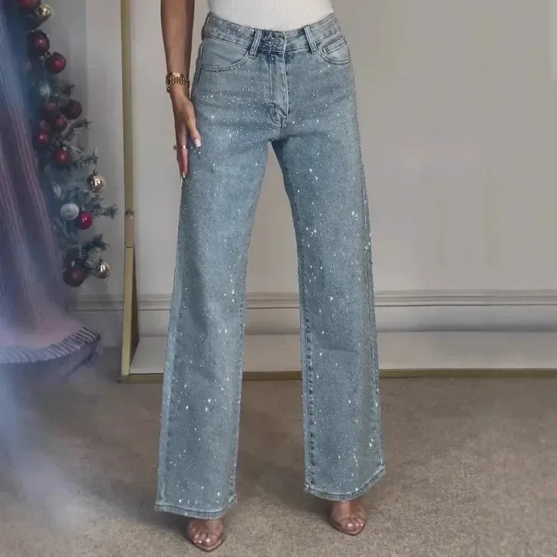 Women's High Waist Wide Leg Rhinestone Pants | Flared Cut