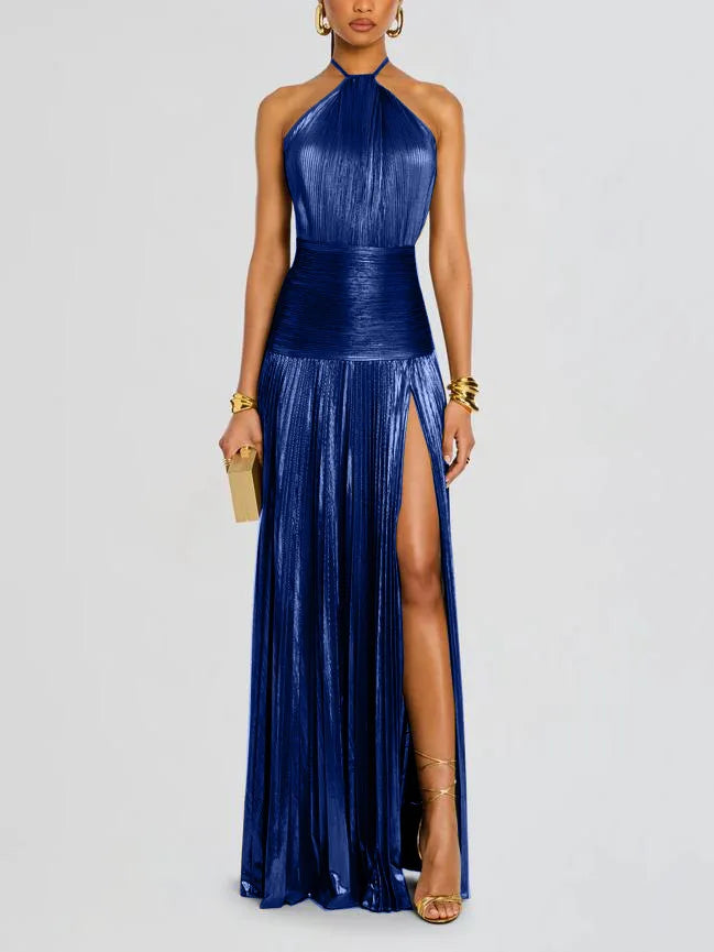 Women's Sleeveless Dress with Neck Tie and Slit | Maxi