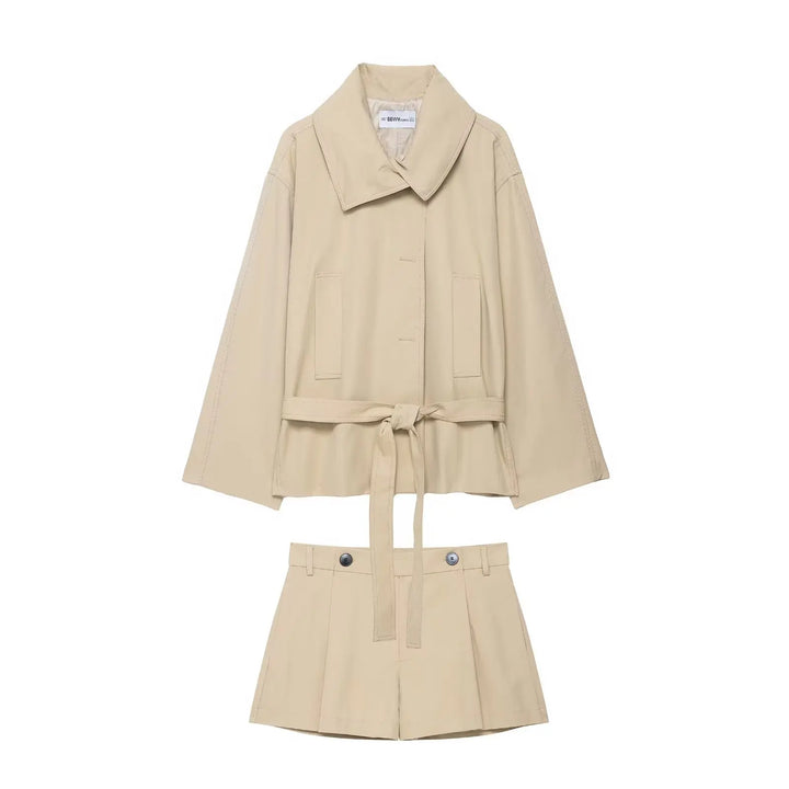 Women's Oversized Belted Envelope Jacket and Shorts Two-Piece Set | Long Sleeve