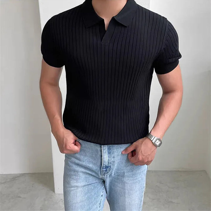 Męski Prążkowany Kołnierzyk Polo Krótki Rękaw Top Casual | Slim Fit