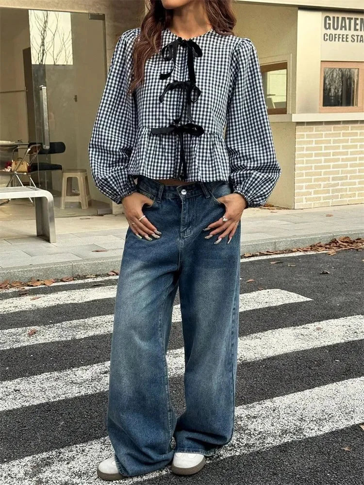 Women's Front Tie Checkered Ruffle Long Sleeve Blouse | Tie