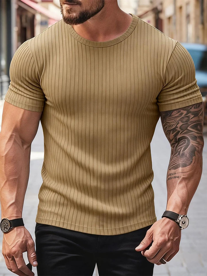 Męski Prążkowany T-Shirt z Okrągłym Dekoltem i Krótkim Rękawem | Krój Podkreślający Sylwetkę