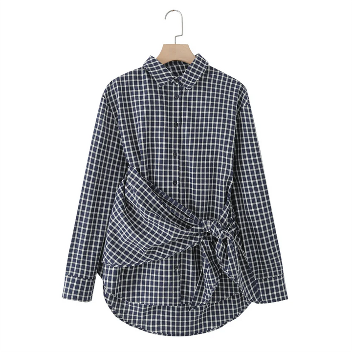 Women's Long Sleeve Shirt Plaid Waist Tie Overlapping Front Buttons Shirt | Plaid