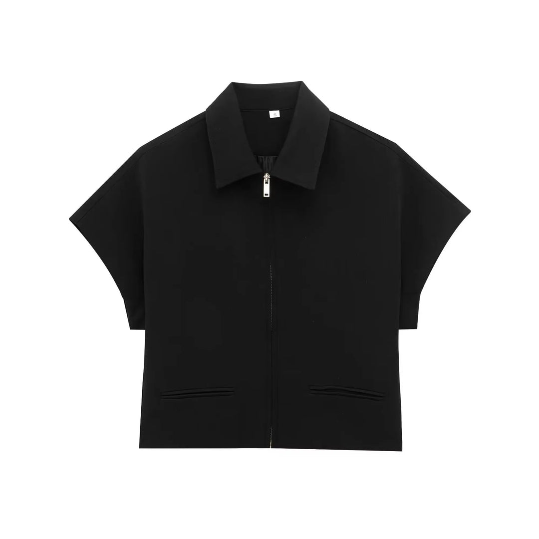 Women's Collar Front Zipper Top and Wide Pants Two-Piece Set | Minimalist Style