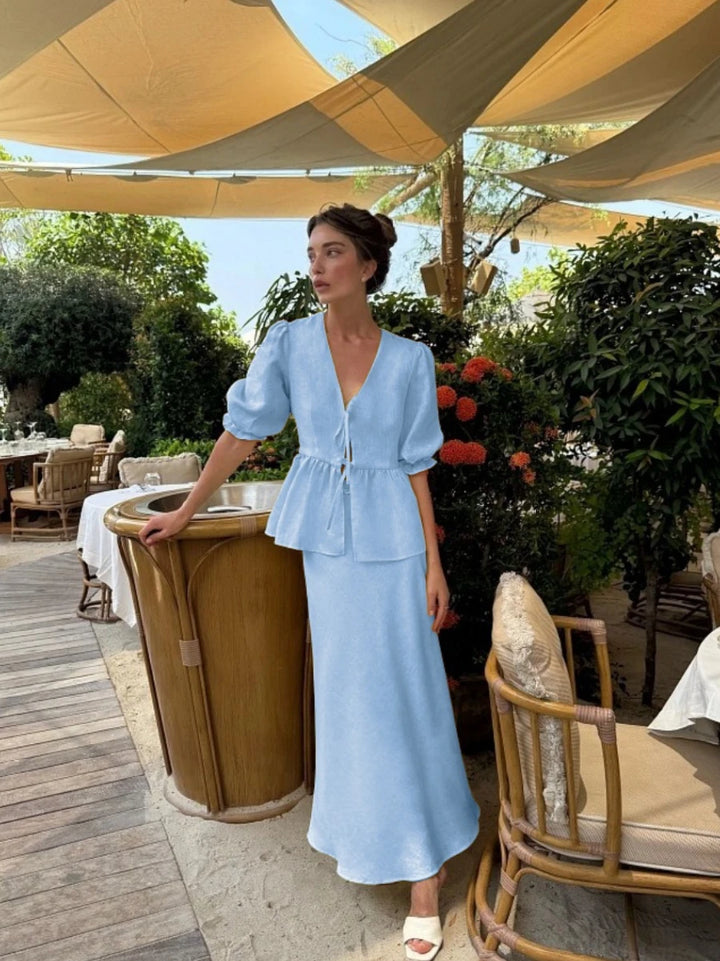 Women's Puffy Sleeve Top Tied at the Front and Maxi Skirt Two-Piece Set | V-Neckline